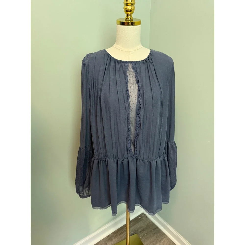 Free People Blue Grey Swiss Dot Lace Trim‎ Peplum Long Sleeve Blouse Top Boho